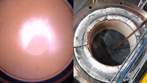 Image 1) (L) Plasma Arc in Reactor - Image 1) (R) Charcoal remaining at bottom of reactor after test