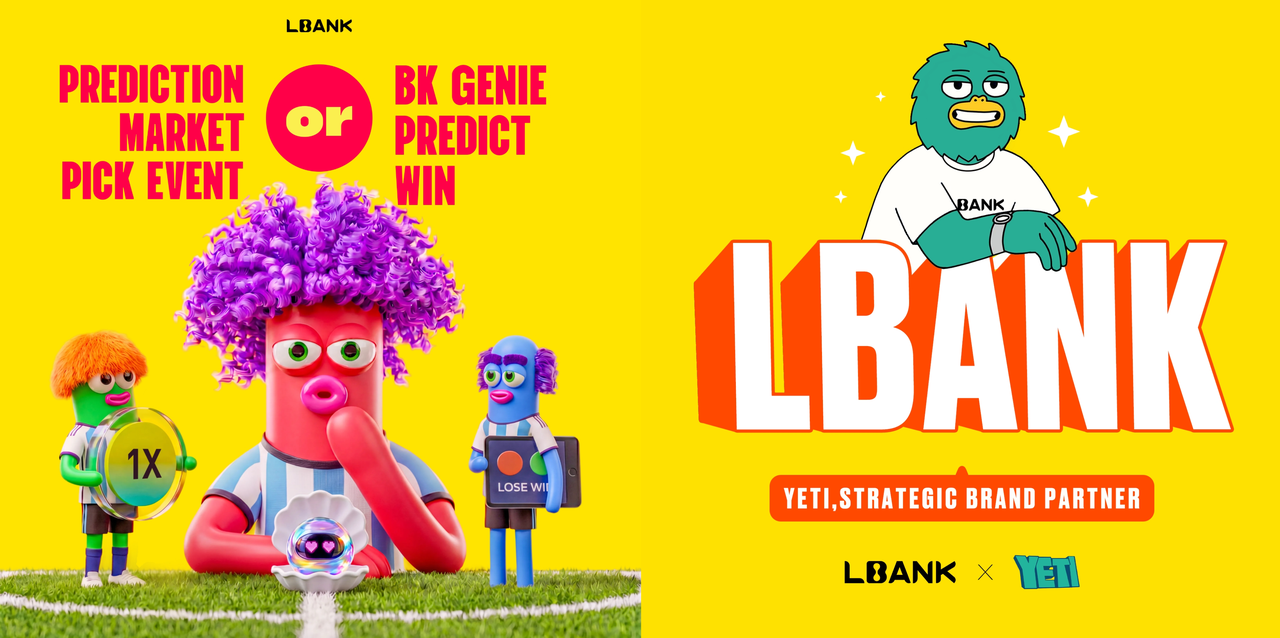 LBank and YETI strategic brand partnership banner featuring Nobody Sausage characters and World Cup prediction market promotion