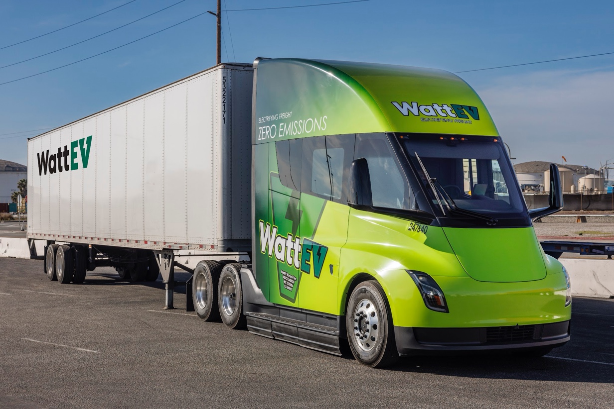WattEV has two Tesla Semis as part of its current 75+ fleet of electric Class 8 trucks.