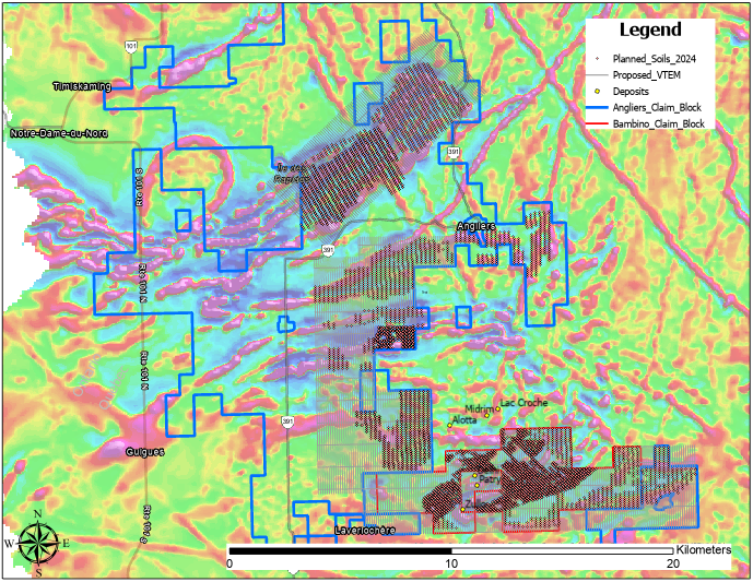 VTEM survey and soil sampling grids on 1st derivative magnetic data.