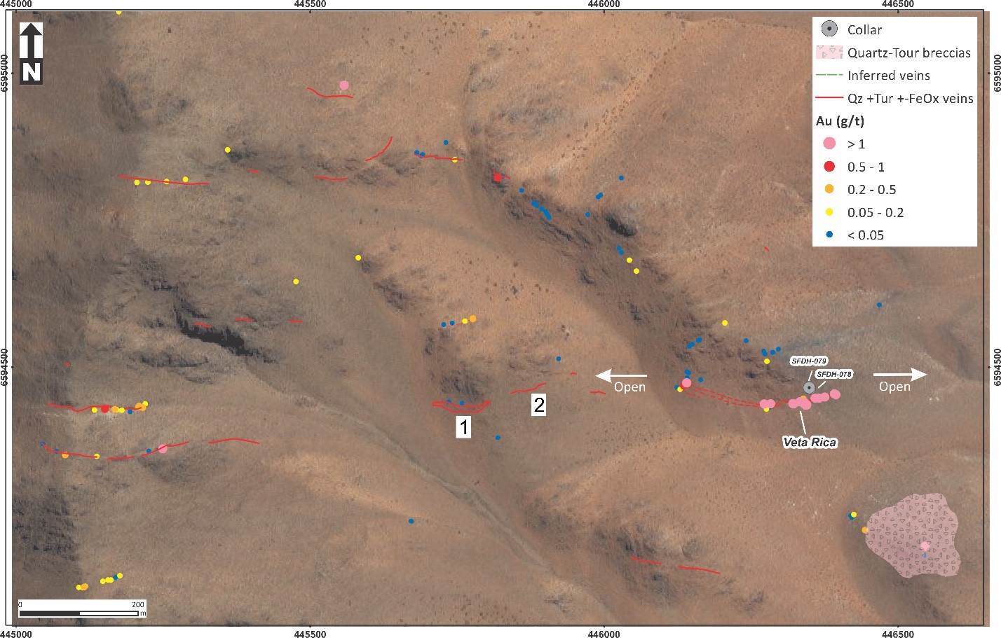 Follow up mapping and sampling at Veta Rica area has already defined a series of quartz veins along-strike and in parallel to the drilled outcrop. This low sulfidation epithermal system has been mapped up to 1.5km from the drill site, and remains open along-strike and at depth. Detailed sampling of all veins is underway, with assays pending. Numbers refer to photos in Figure 6.