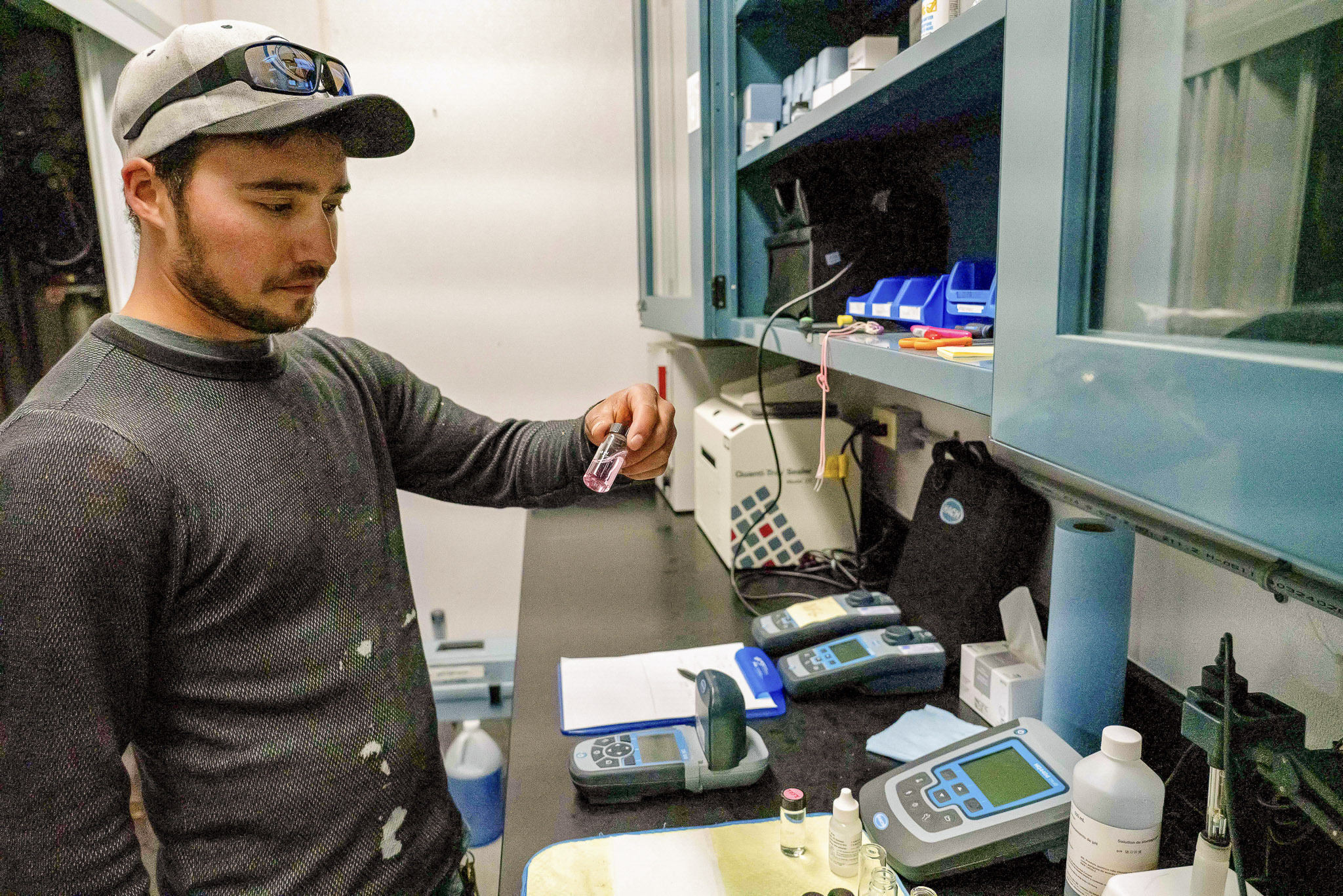 Internship Program graduate Hunter Edison working at his local water treatment plant in Niisaachewan Anishinaabe Nation