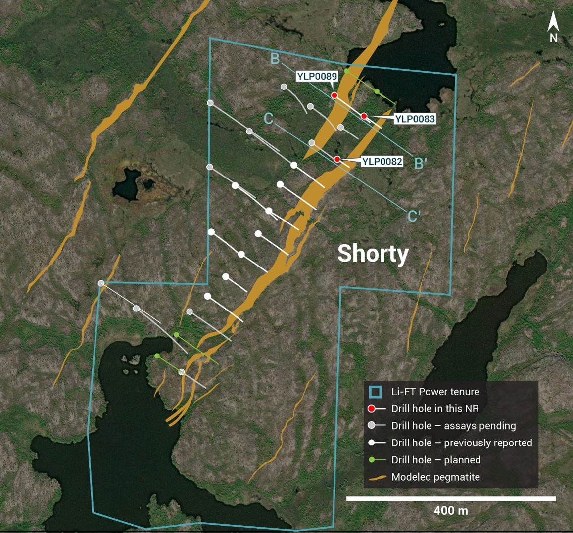 Plan view showing the surface expression of the Shorty pegmatite with diamond drill holes reported in this press release.