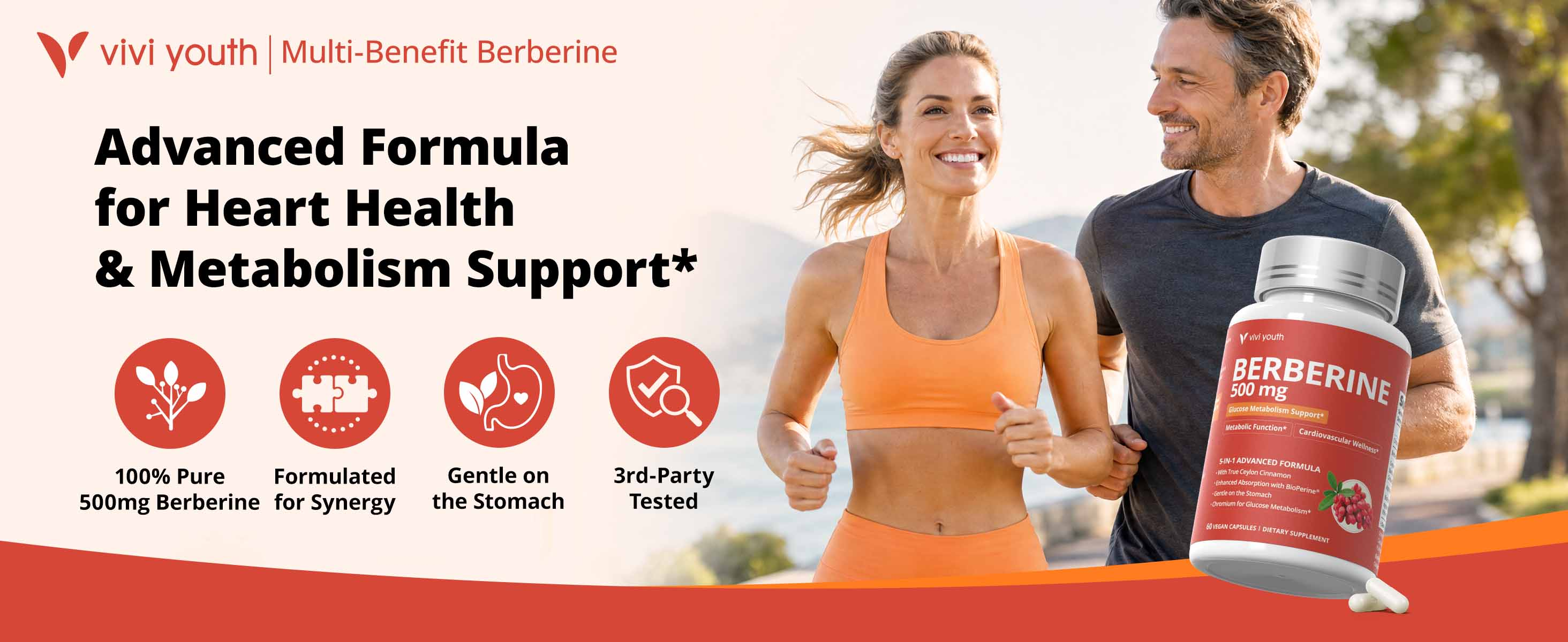 ViViYouth Berberine with Ceylon Cinnamon bottle beside an active couple jogging outdoors with heart and metabolism support icons.