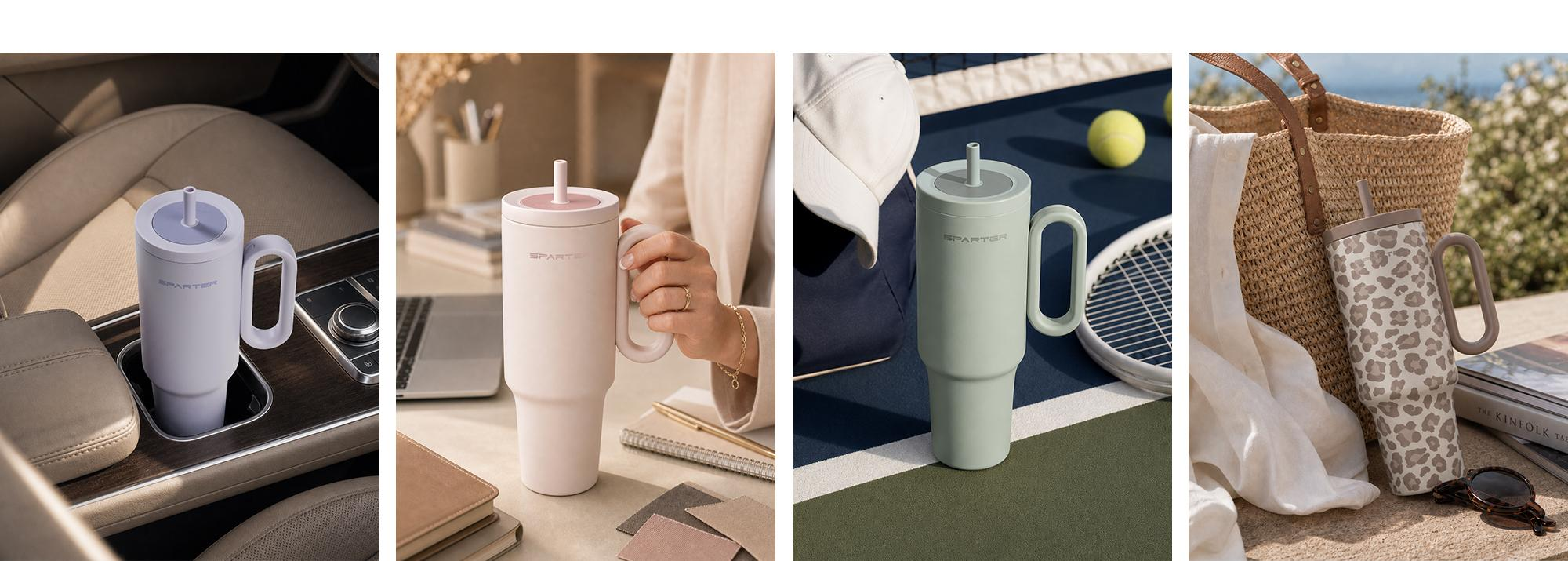 Travel mug collection featuring SnapSip tumblers in multiple colors for driving, work, and outdoor activities