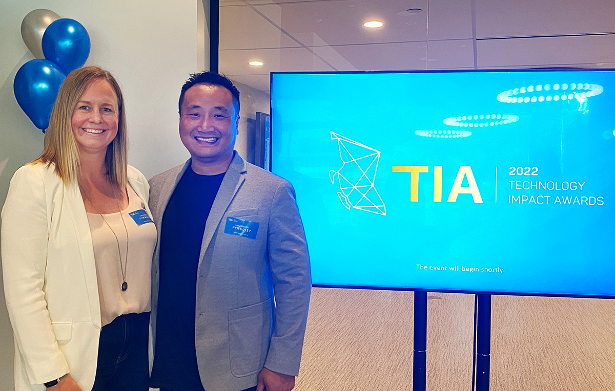 Launchpad Technology Founder and CEO, Bruce Qi, attends 2022 Technology Impact Awards in-person finalist announcement with Communications Director, Megan Hollstedt.