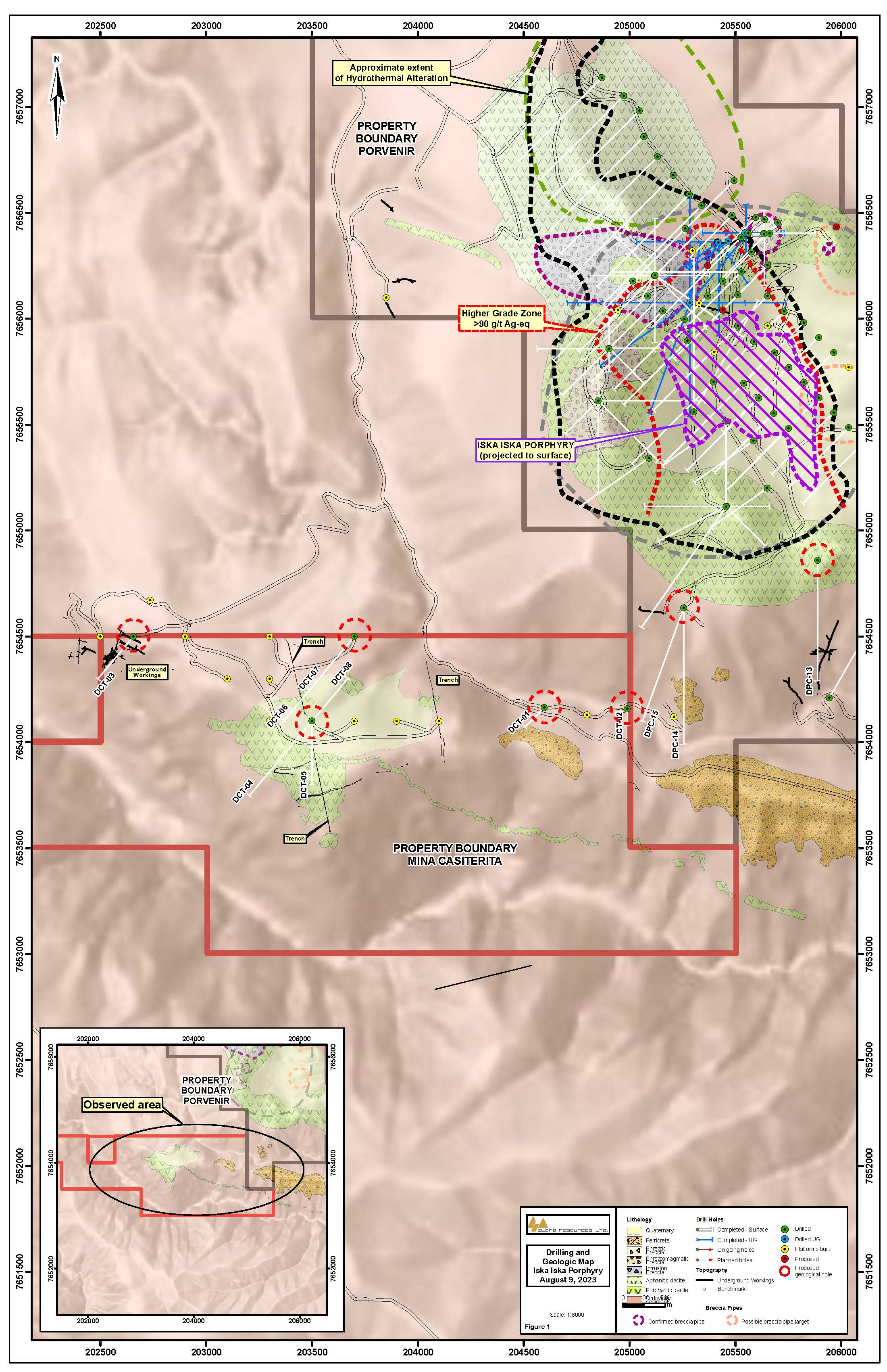Geological Map of the Mina Casiterita and Porco-Mina 2 Target Areas Showing Locations of Diamond Drill Holes.  Holes reported in this release are highlight in red circles