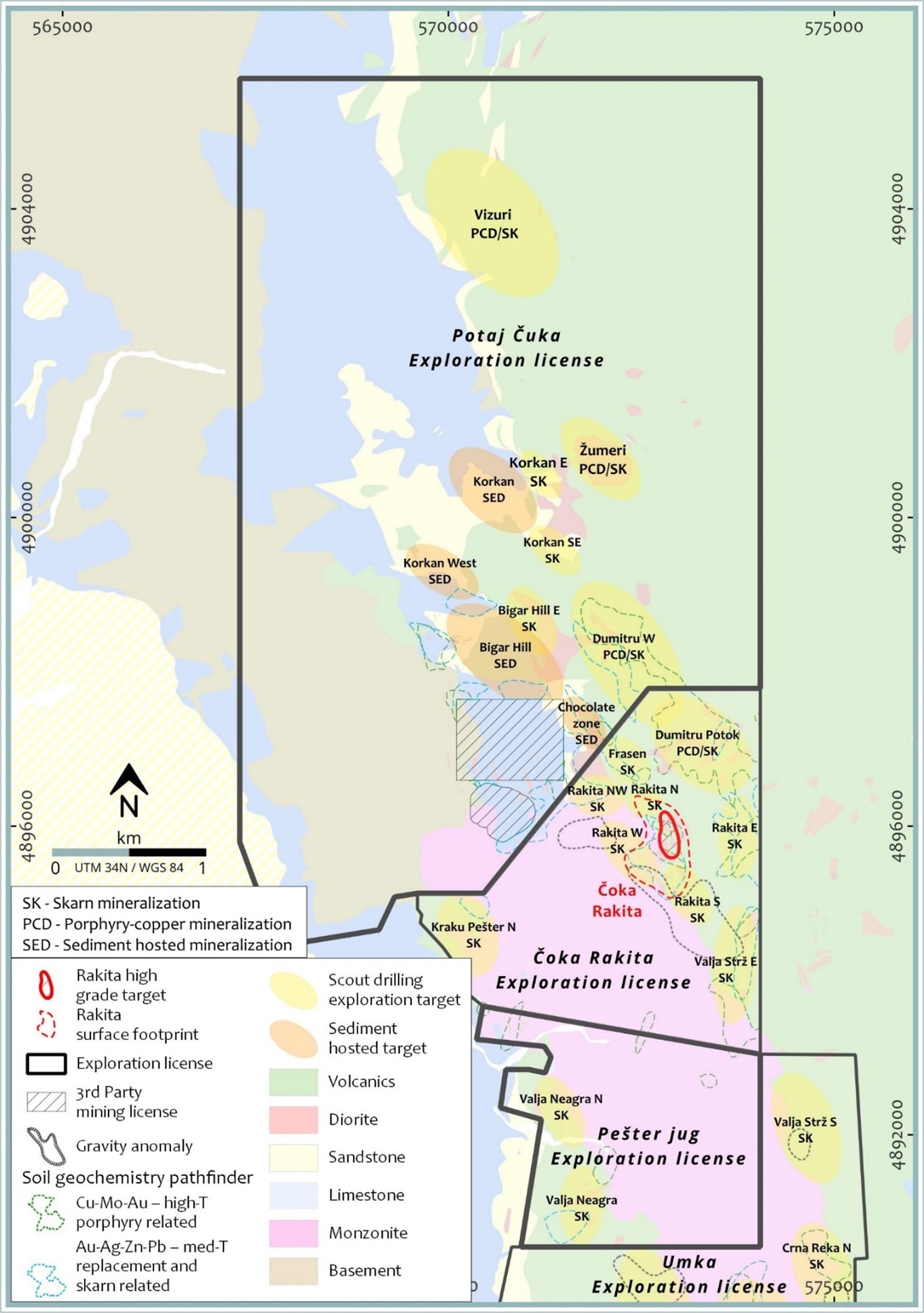 Overview map of the newly granted Potaj Čuka and Pešter Jug exploration licences (bold outlines) with exploration targets over the surface geology.