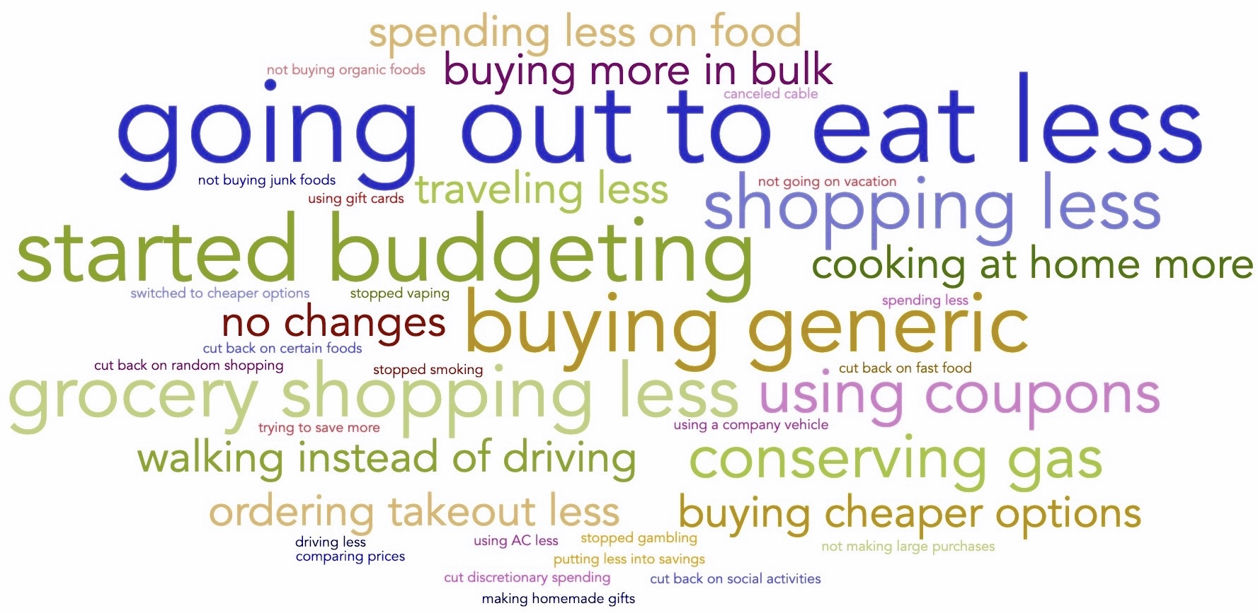 In a recent national survey on consumer spending habits, respondents were asked what changes they had made in their own spending and travel behaviors to save money. The most common responses were 1) going out to eat less 2) stricter budgeting and 3) buying generic items instead of brand names.