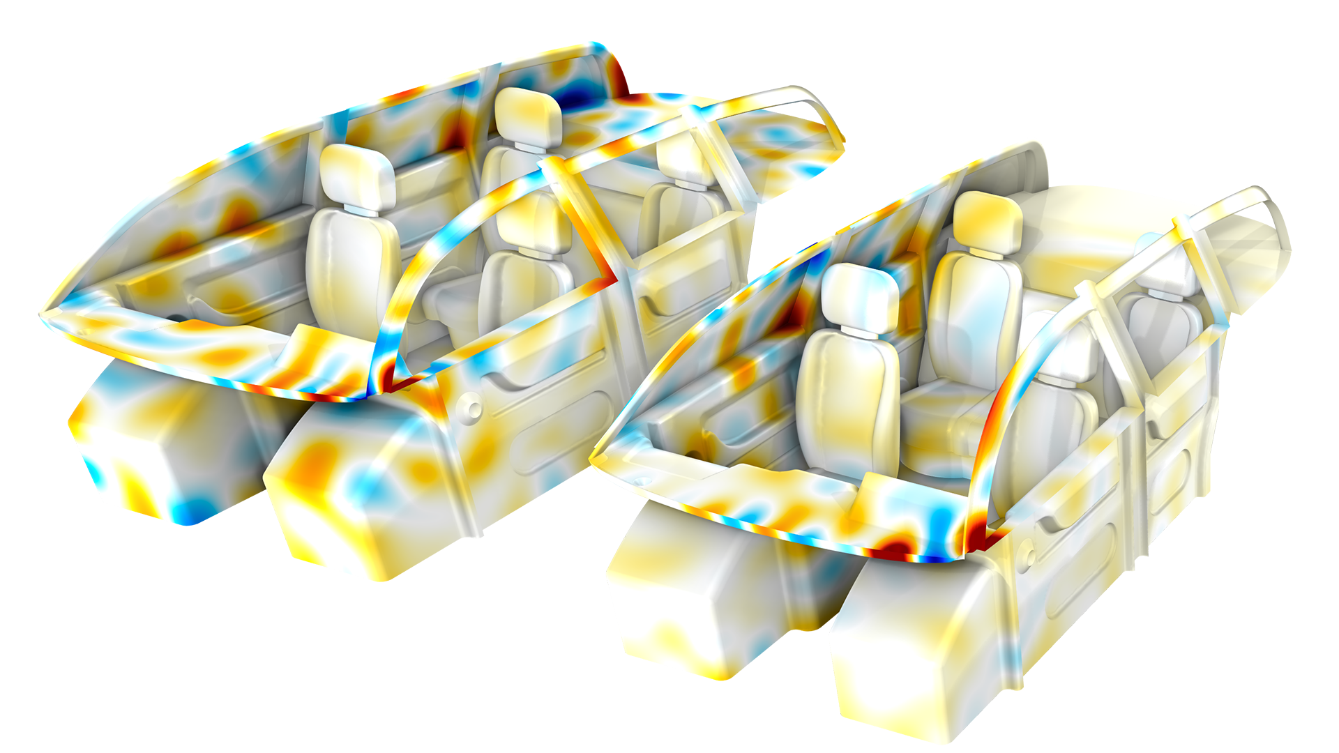 Two 3D car cabin models showing acoustic particle velocity magnitude