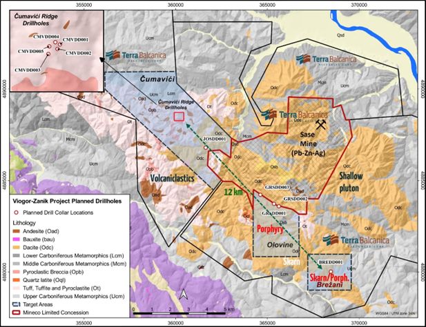 Geological map of the Viogor-Zanik project illustrating the drilled targets during the Phase II campaign. Cumavici is observed in the NW of the license package with the Brezani discovery 12 km to the SE, attesting to the underexplored and prospectivity of the Viogor-Zanik project