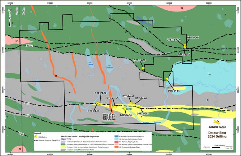 Wallbridge Mining - Detour East Property – Agnico Eagle Mines Option 2024 Drill Hole Locations