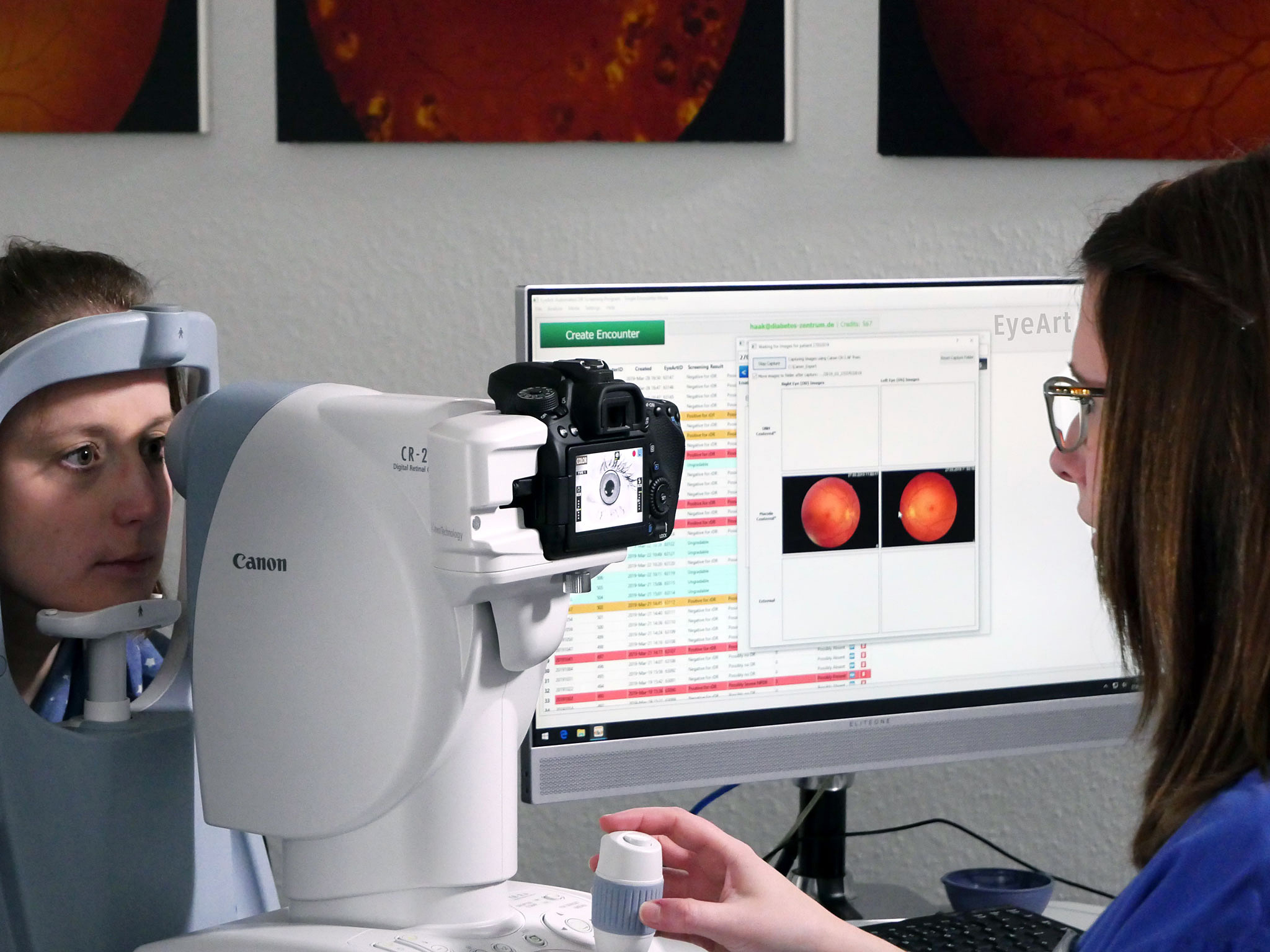 A patient is tested for eye disease with the EyeArt(R) AI Eye Screening system