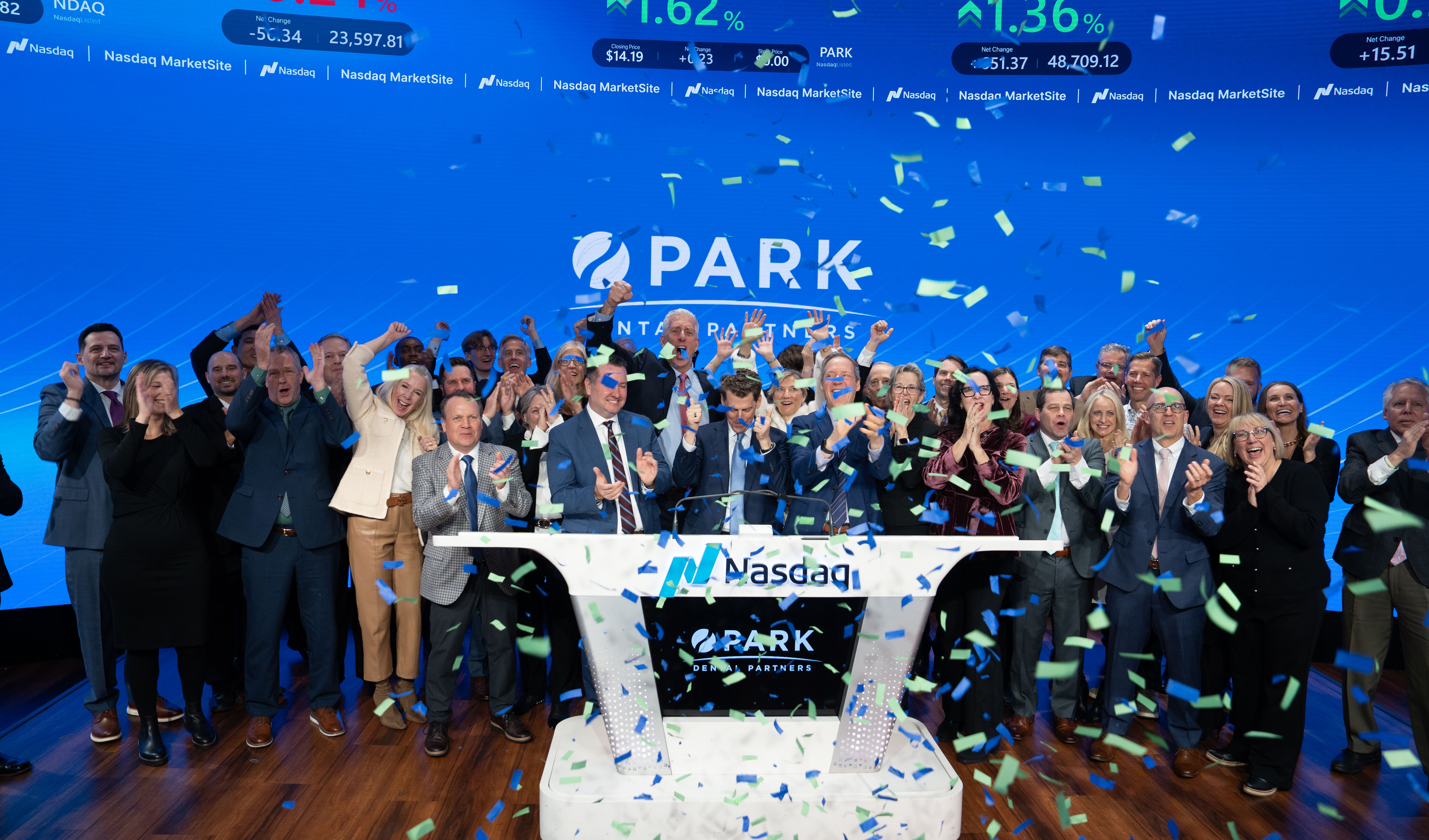 Park Dental Partners leadership, doctors, team members and family celebrate ringing the closing bell at Nasdaq on Thursday, December 12.