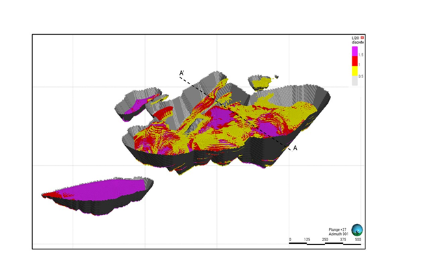 3D View of the Resource Estimate at the Mirage Project (Lac Escale Claims) – Looking North 