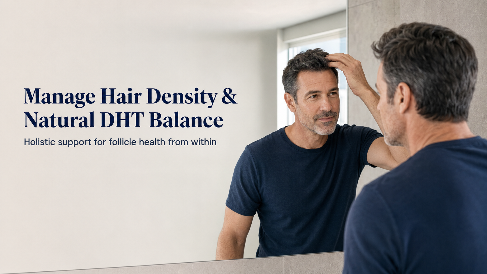A mature man looking in the mirror and checking his hair density, representing natural DHT balance support.