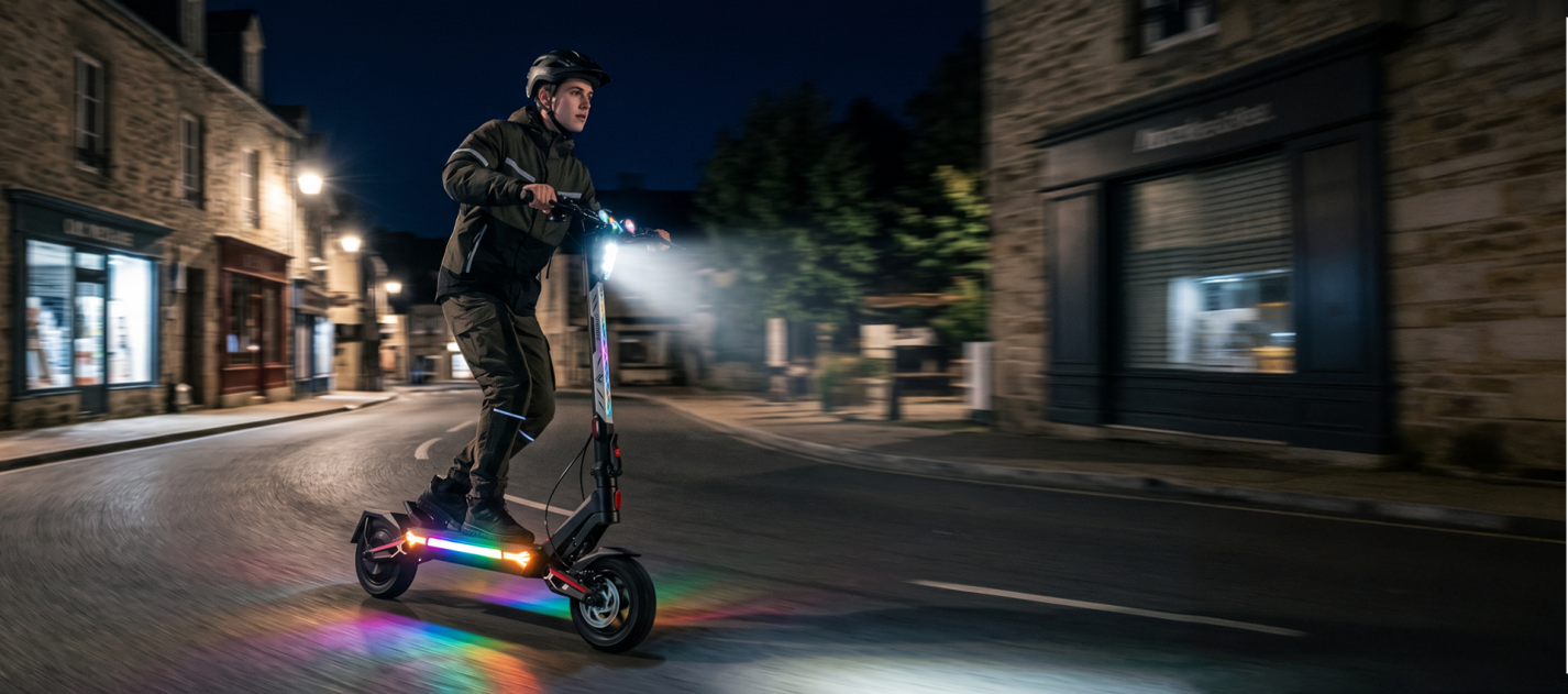 A man rides the lit-up ONECNA T4 electric scooter through quiet old town streets at night