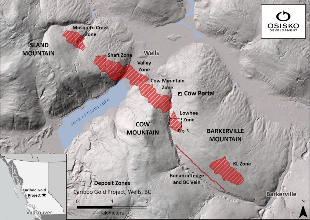 Figure 1: Cariboo Gold Project deposit map with Location of Lowhee Zone and Cow Portal underground access.
