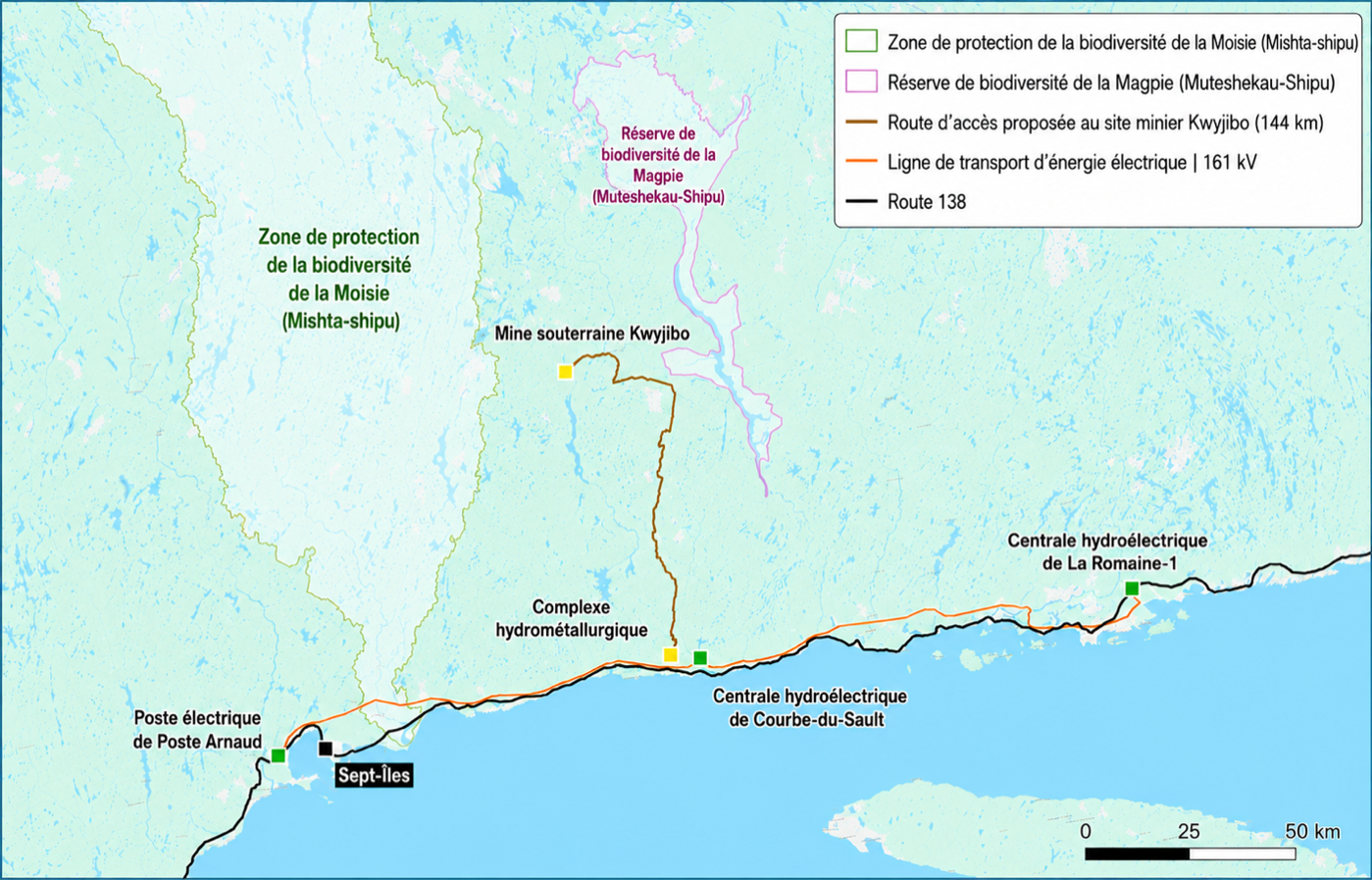 Localisation du projet Kwyjibo | Mine | Complexe hydrométallurgique | Route d'accès