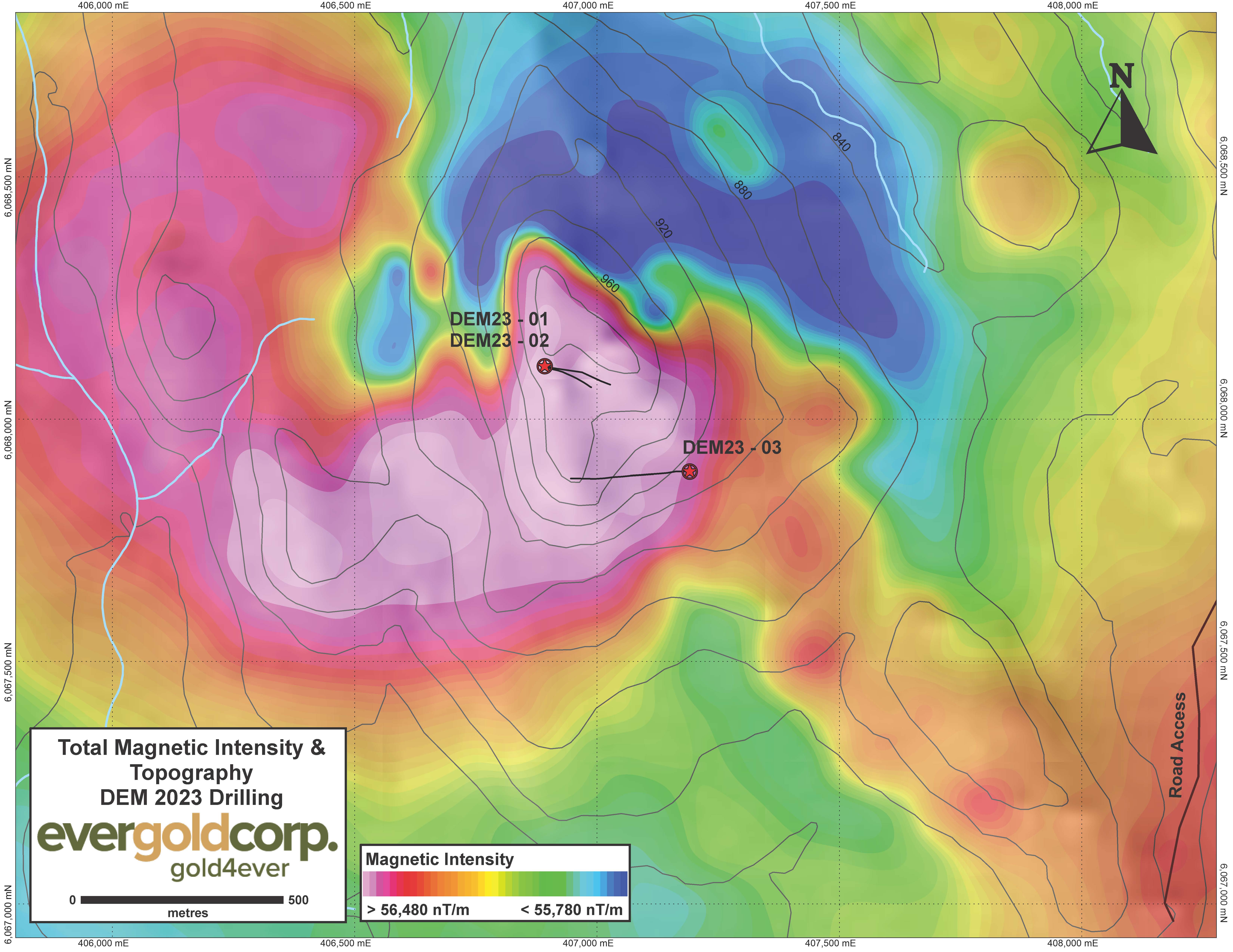 Figure 1 - Plan View Drilling on Topography and Total Field Magnetics