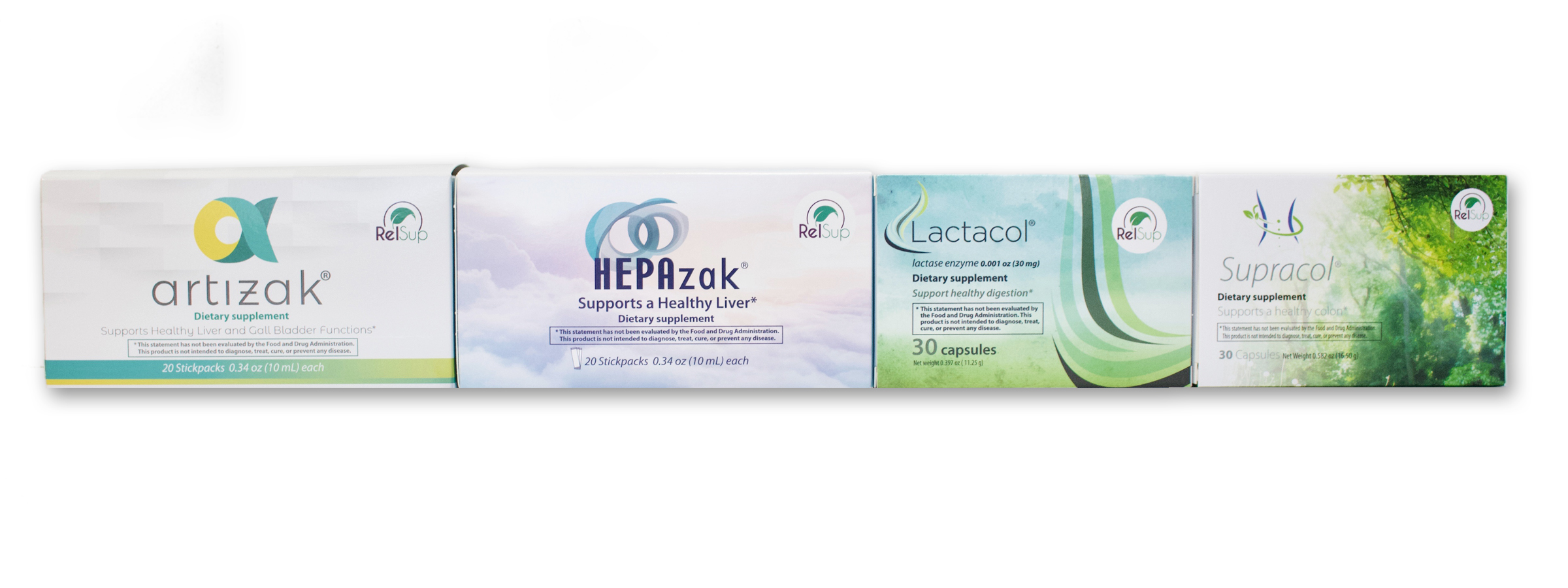 RelSup dietary supplements available at Amazon include: 1) Supracol, which targets the colon to support digestive function, contains butyric acid, prebiotics, and probiotics. The Supracol capsule is gastro-resistant, which prevents it from prematurely breaking down and targets the lower intestine. 2) Artizak, which provides strong support for liver, gall bladder, and digestive function, helps promote metabolic health. Artizak contains a unique set of ingredients that include artichoke leaf extract, dandelion root extract, inositol, and choline dihydrogen. Artizak comes in a 10ml liquid foil pack. 3) Lactacol, which contains an enzyme, lactase, which aids in the digestion of dairy products. 4) Hepazak, which was developed to support liver health by providing unique ingredients that promote liver injury protection, contains a potent antioxidant, reduces acidosis, and aids in eliminating dyspeptic disorders. 