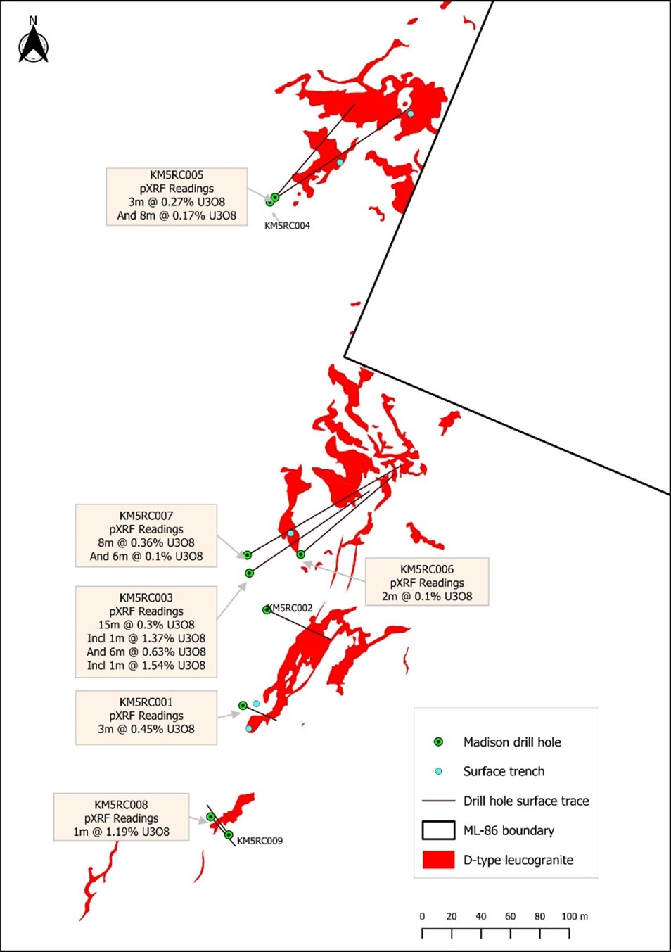 Location of the drill holes and significant observations