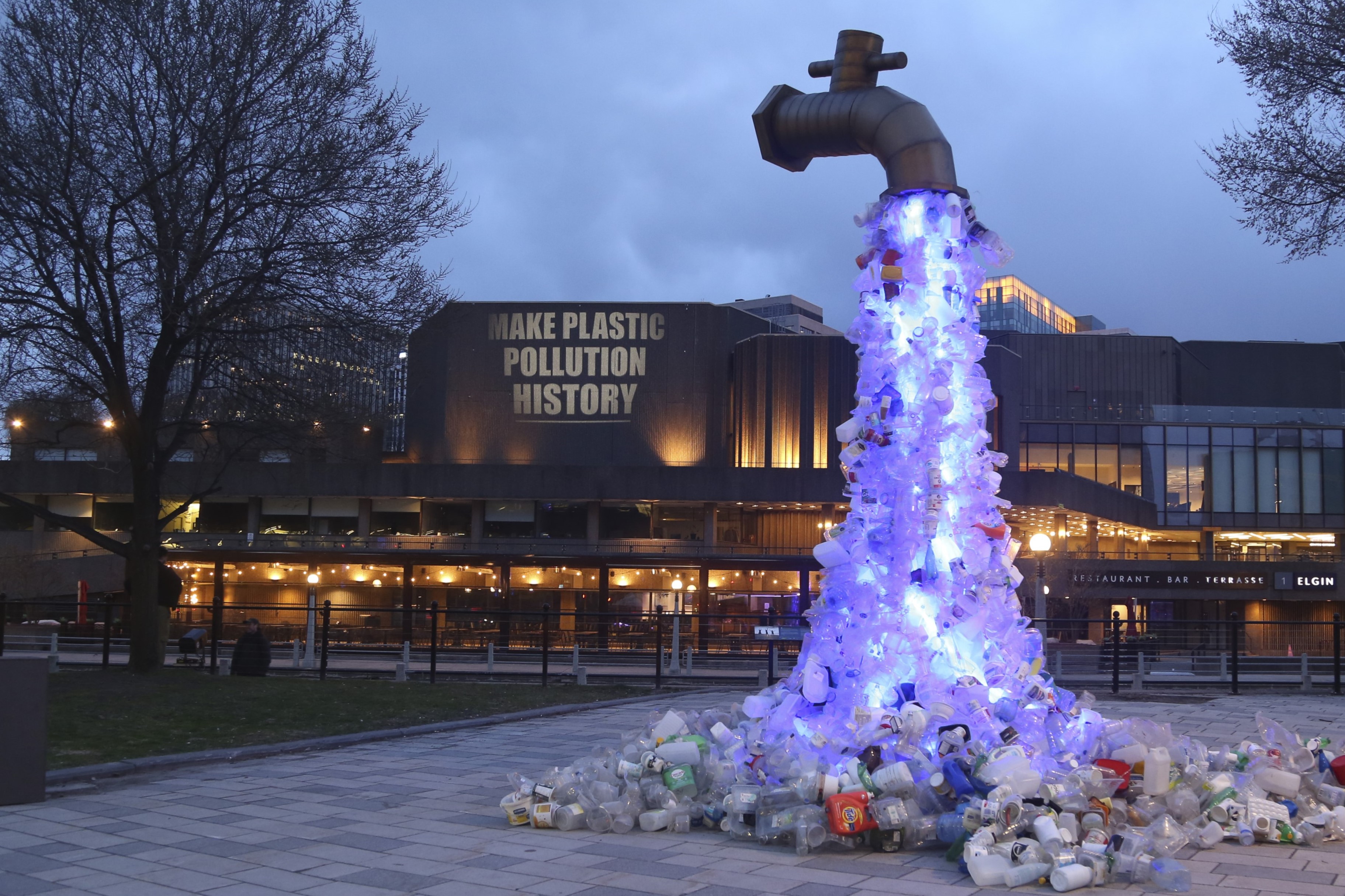 Make Plastic Pollution History” is projected on the National Arts Centre in Ottawa, Ontario, on Monday, April 22, 2024 by Oceana Canada and EARTHDAY.ORG. The illuminated message urges global leaders to negotiate a strong, legally-binding treaty to end plastic pollution.