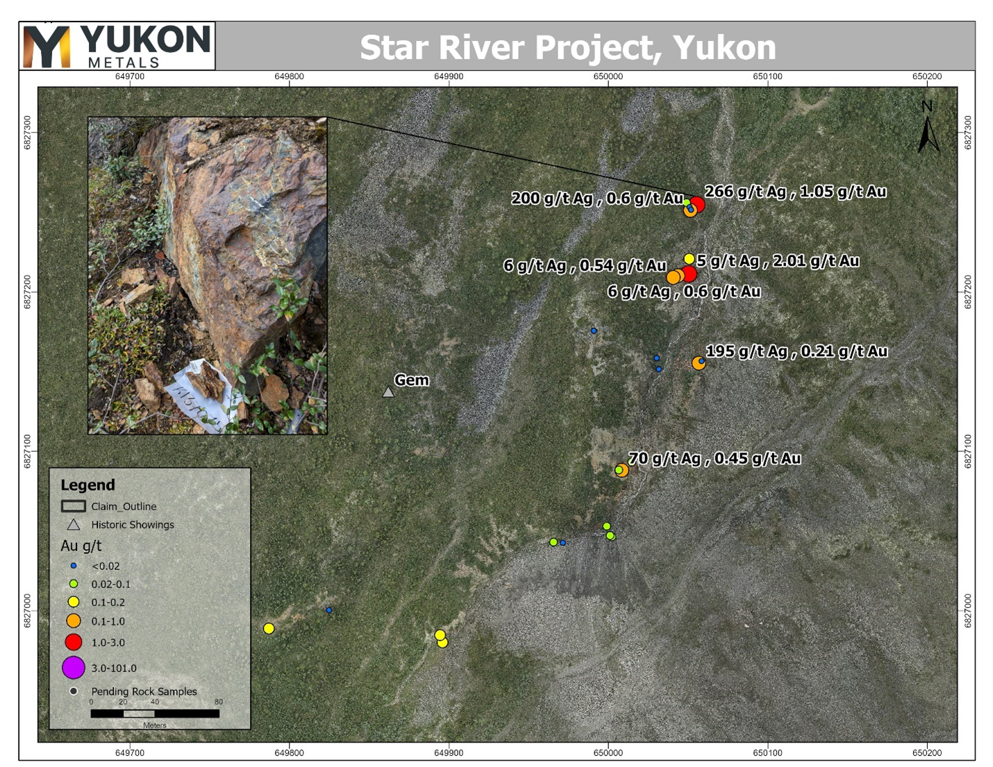 Samples taken near historic Gem showing, Au g/t.