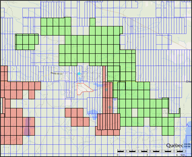 The green boxes represent the Claims; the red boxes represent Jourdan’s previously acquired mining claims in the vicinity of the Claims