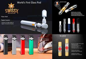 Swissx has launched a line of glass and ceramic pods and parts for vaping both CBD and nicotine extracts. Considered much safer than the plastic parts used by major e-cig makers, the ceramics are comparable to those used for Apple's iPhones. Find out more at swissx.com