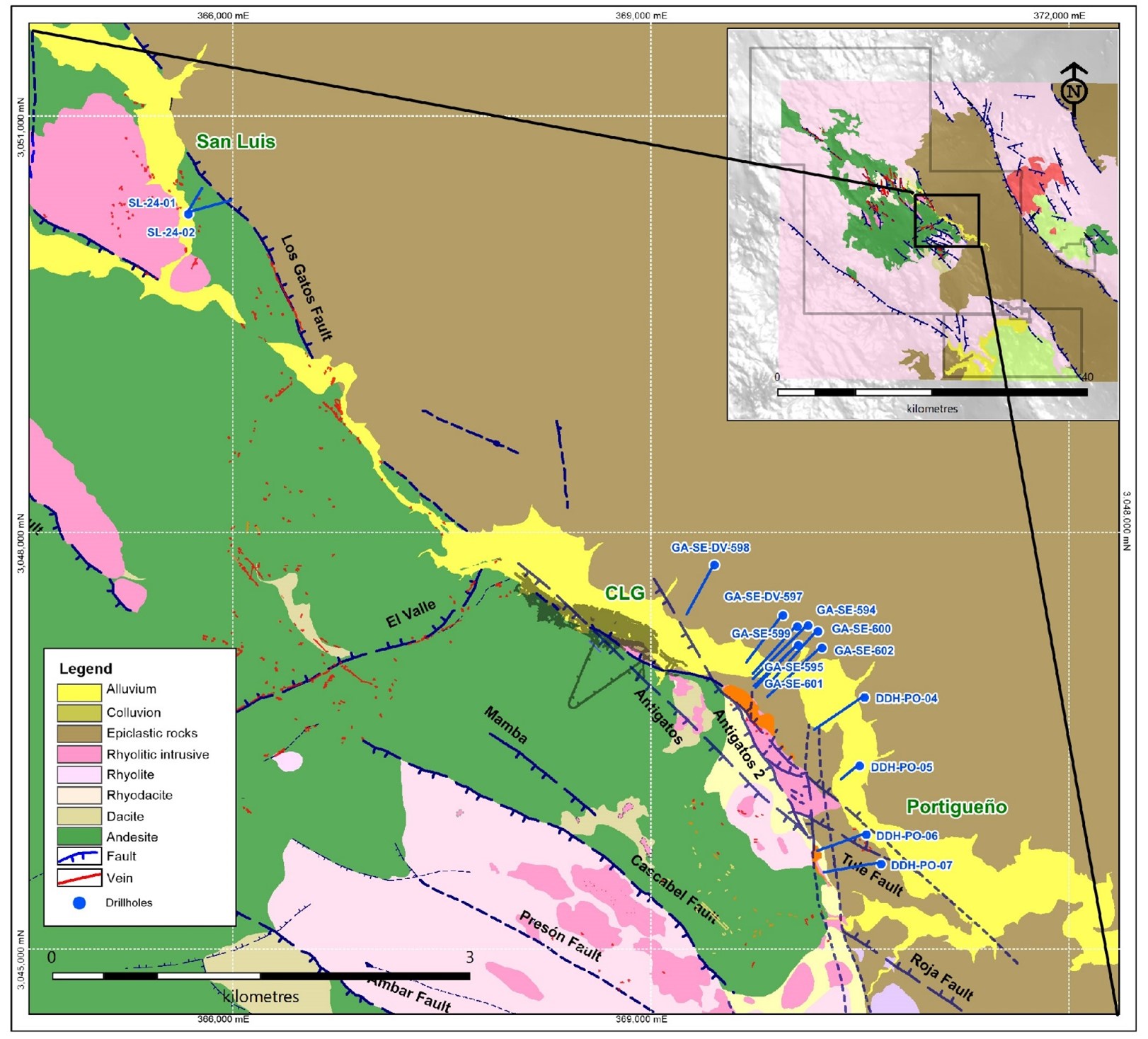 Plan view of near-mine prospects, select high-priority drill targets and drillholes in SE Deeps, Portigueño and San Luis Targets