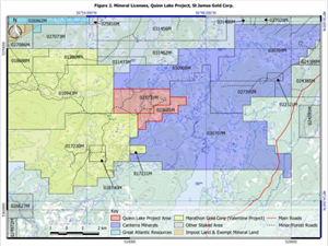 From the technical report on the Quinn Lake Property dated February 1, 2021 and updated March 29, 2021, showing the Quinn Lake Property in pink between Marathon’s property in yellow to the west and the Canterra-Wilding property in blue to the east.