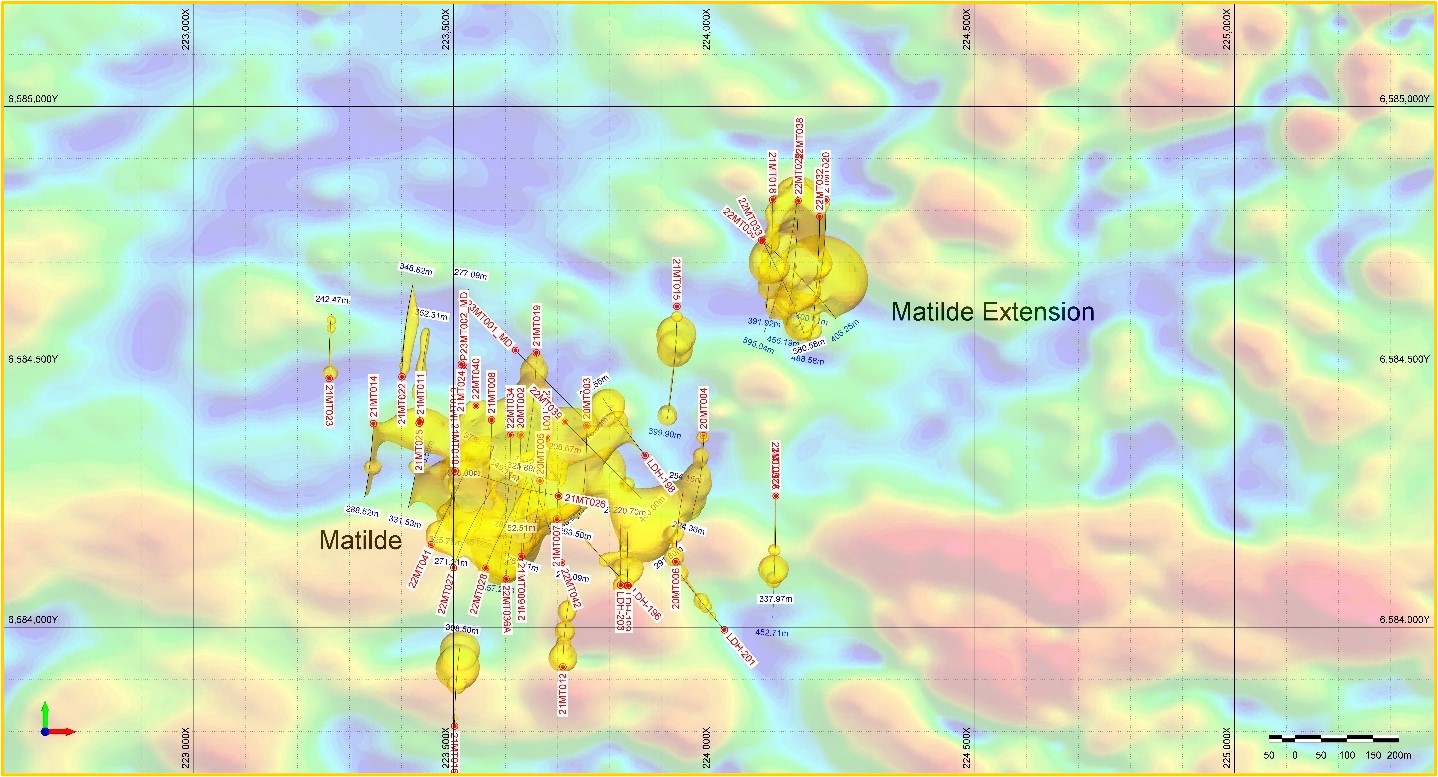 Location of Matilde Extension Relative to Matilde Gold Discovery showing implicit 0.25 g/t gold grade shell. Background airborne magnetic data highlights structural zones (magnetic lows shown in blue).
