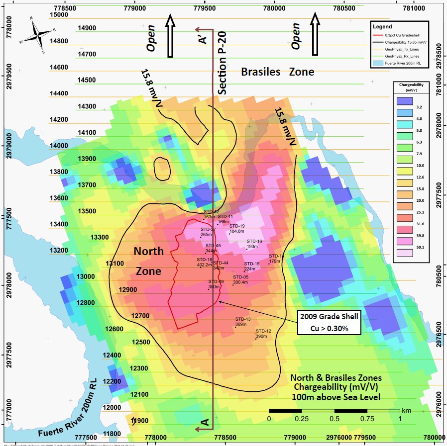 Figure 1: Level Plan view at 100 m elevation above RL (“Reference Level,” mean sea level) through the North Zone and southern Brasiles Zone, Santo Tomas project, illustrating the continuity of the preliminary inversion model of chargeability from North Zone to Brasiles Zone. 