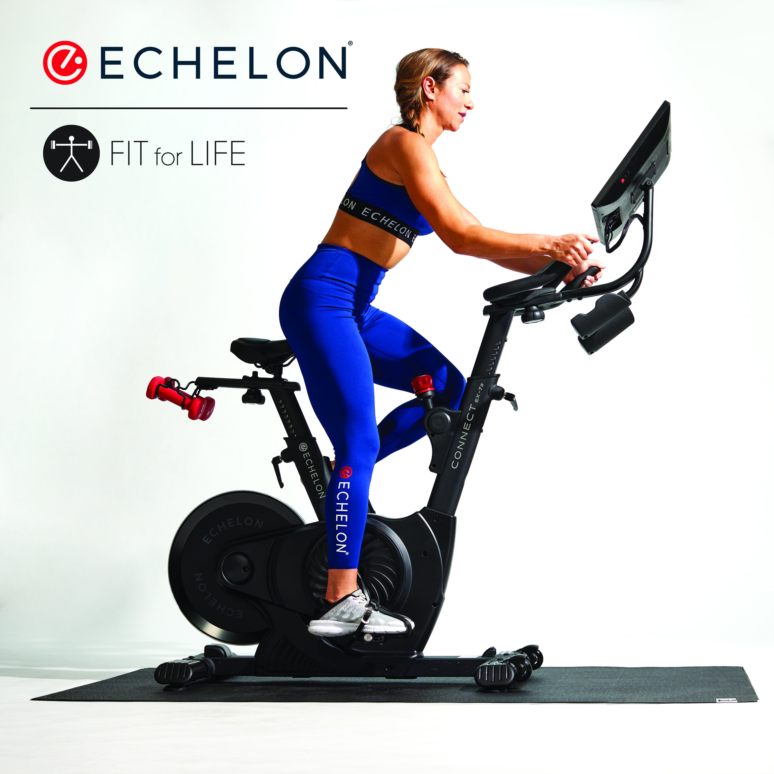 Woman on an Echelon fit bike with Fit for Life and Echelon logo. 