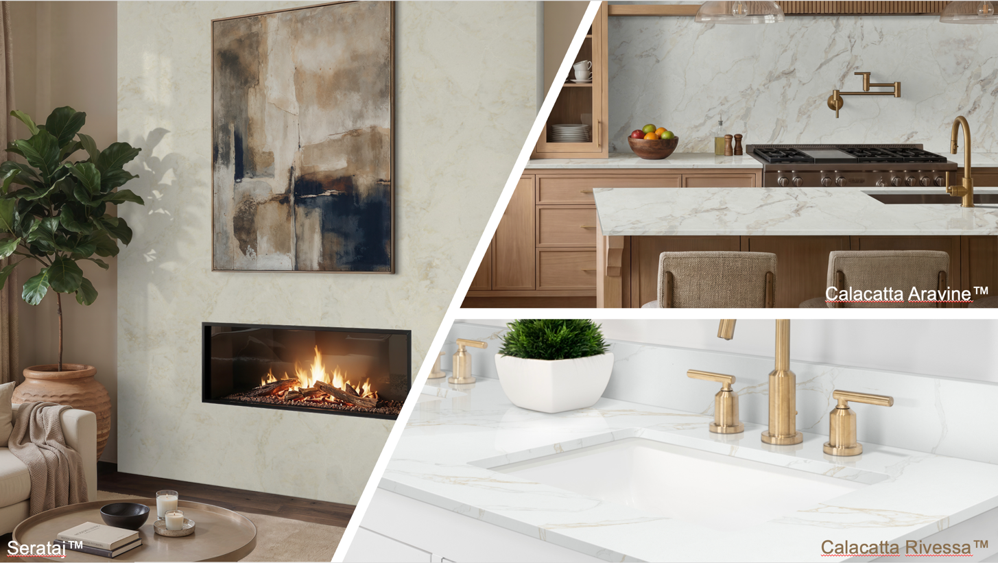 Collage of beautiful warm, creamy countertops used in different applications
