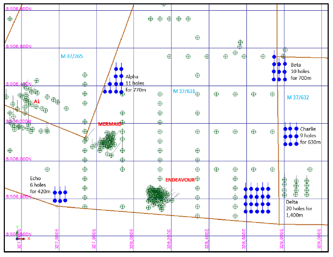 23 South Darlot AC Programme, highlighting previous drilling (green crosshairs) and locations of known mineralisation.