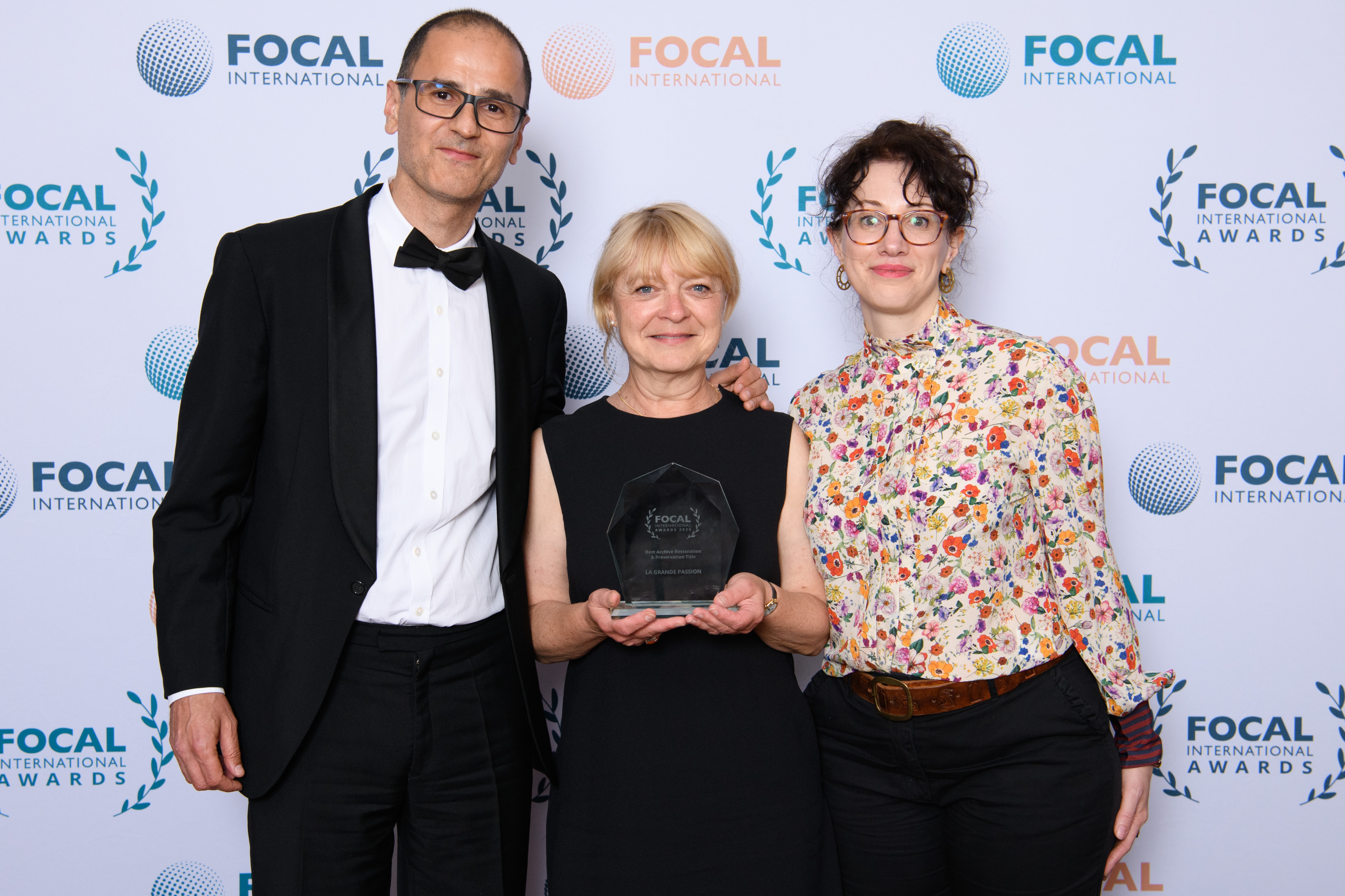 TransPerfect Media's Benjamin Alimi and Cécile Rouveyran with Simone Appleby (right) of the CNC at the FOCAL International Awards 2024.