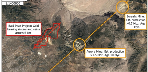 Figure 1: Location map showing Bald Peak prospect in proximity to the Aurora and Borealis mines