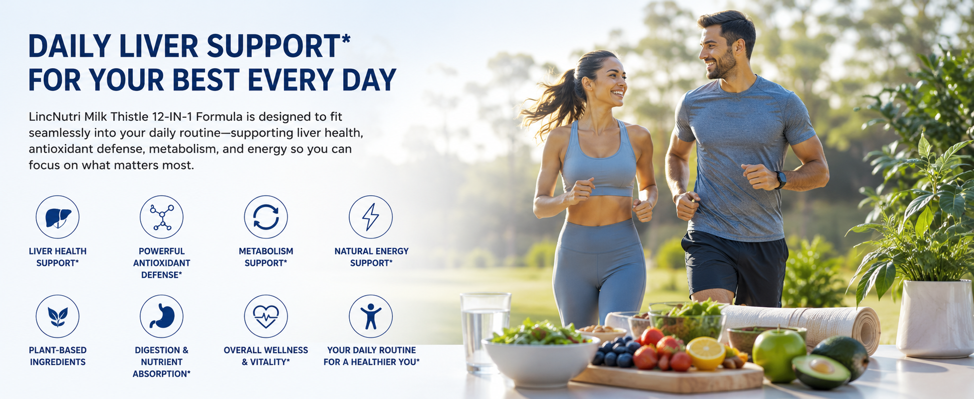 Active couple jogging outdoors with healthy food, representing daily liver support and wellness routine with LincNutri Milk Thistle.