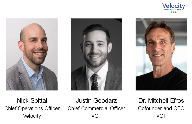 From left to right: Nick Spittal, Velocity COO, Justin Goodarz, VCT CCO, Dr. Mitchell Efros, VCT CEO