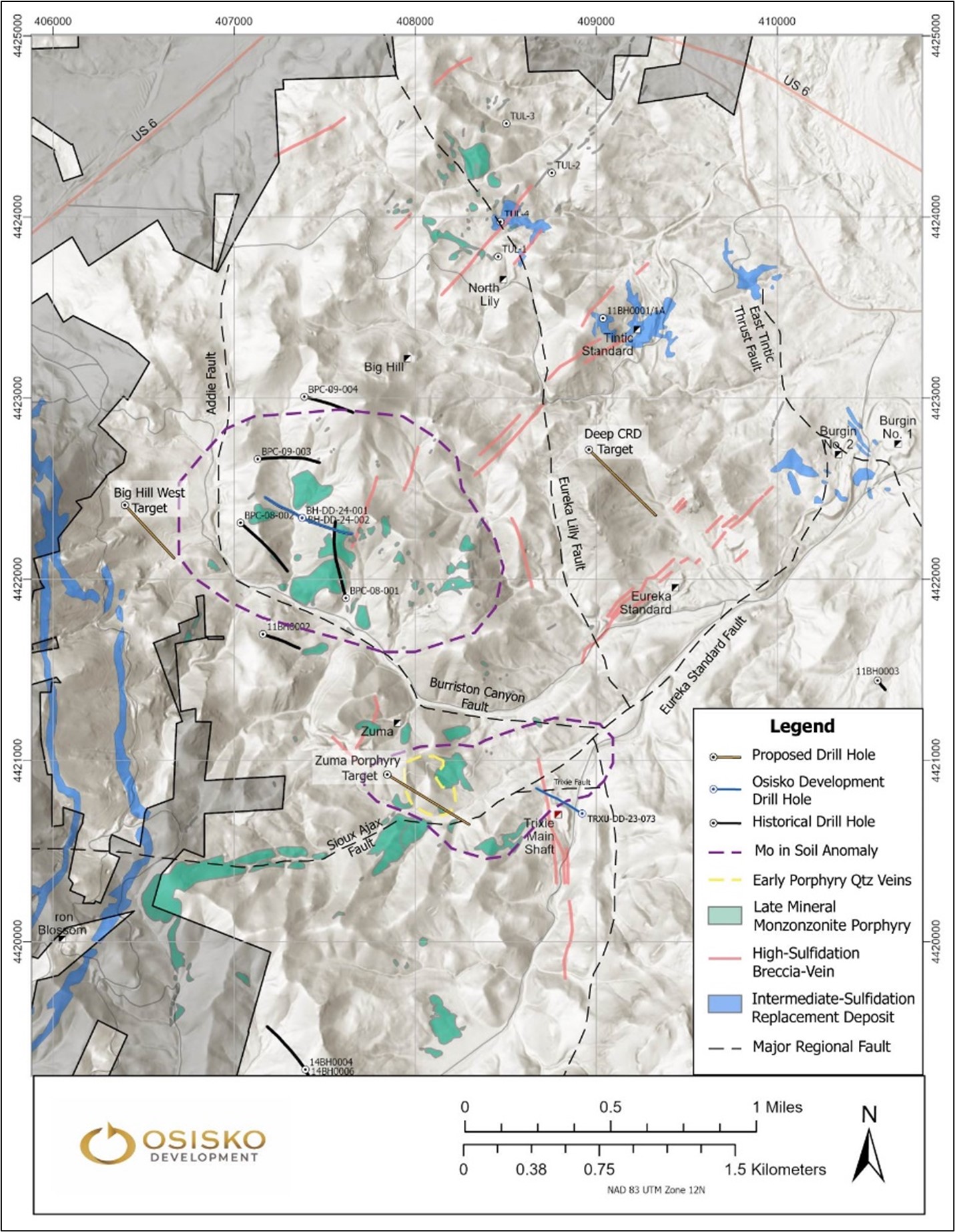 Figure 2: Tintic Project plan map showing the Big Hill, Zuma, and Lower Quartzite CRD targets.