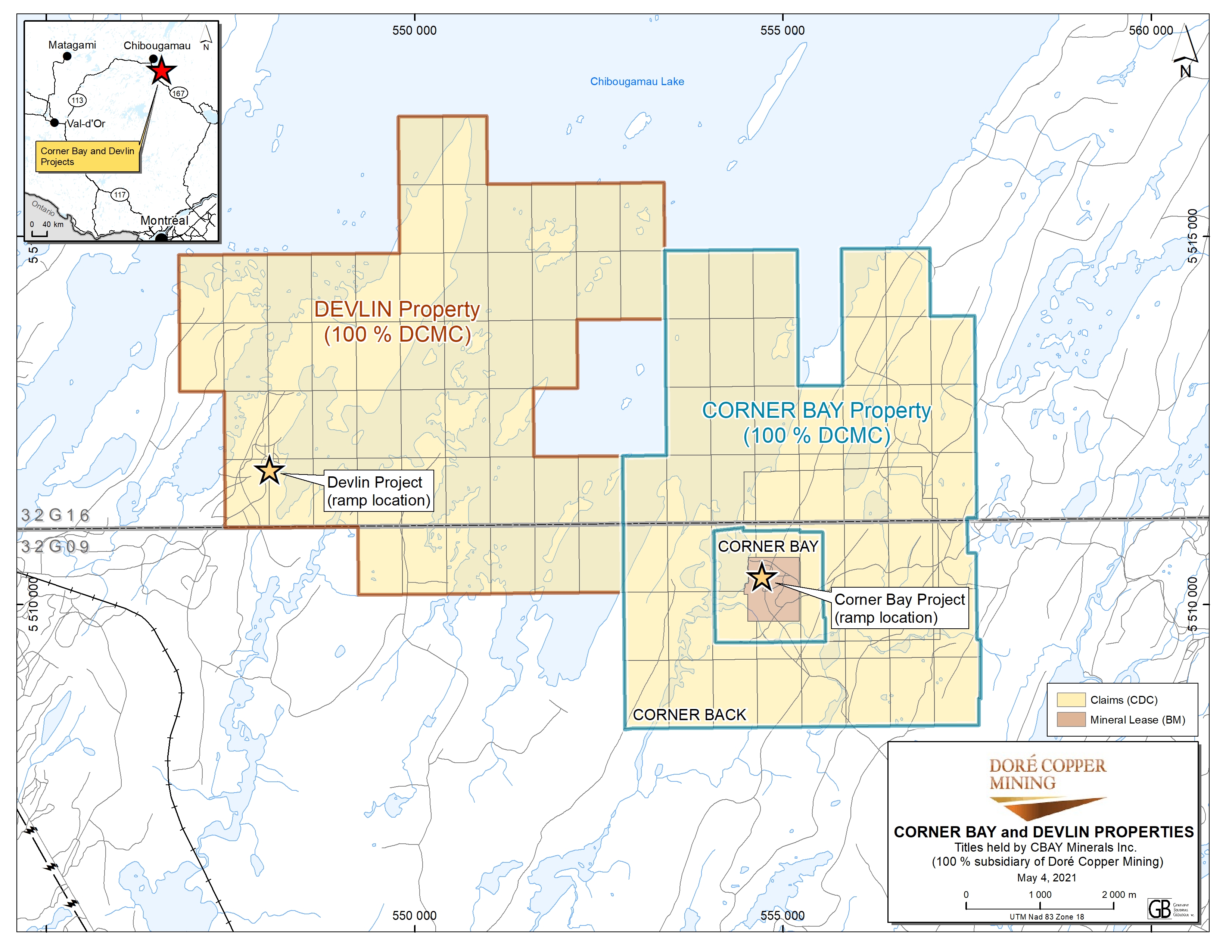 Figure 1. Localisation de la propriété Cornerback par rapport aux projets Corner Bay et Devlin 