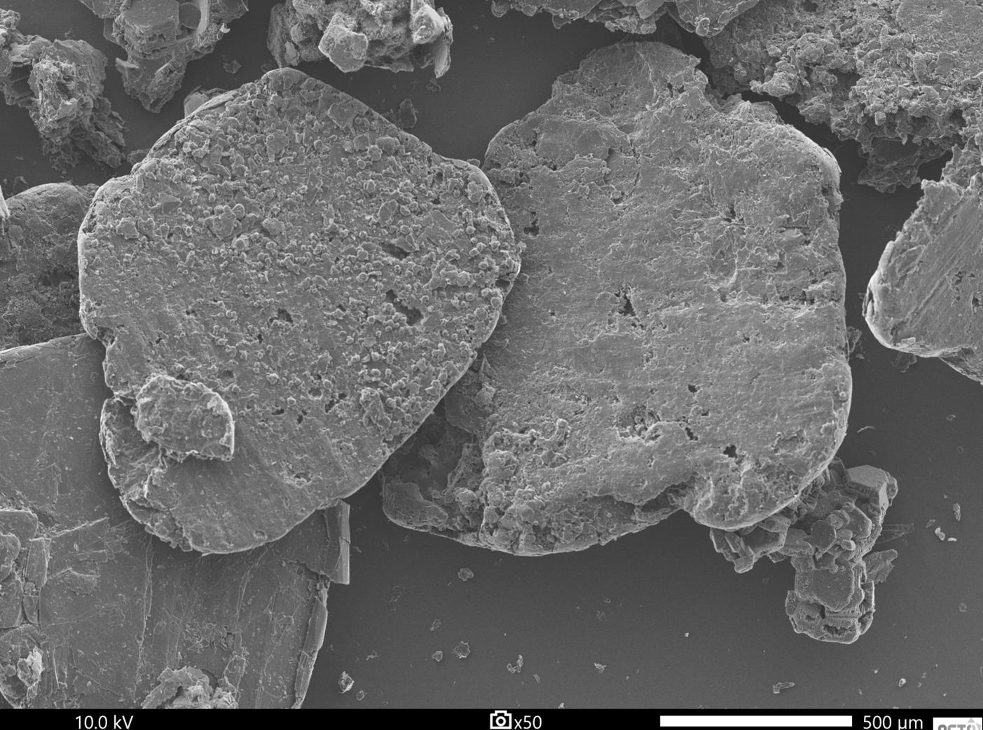 An electron SEM micrograph of Reflex Advanced Material Corp.'s 99.999% Cg purified graphite flake concentrate at a P32 mesh.