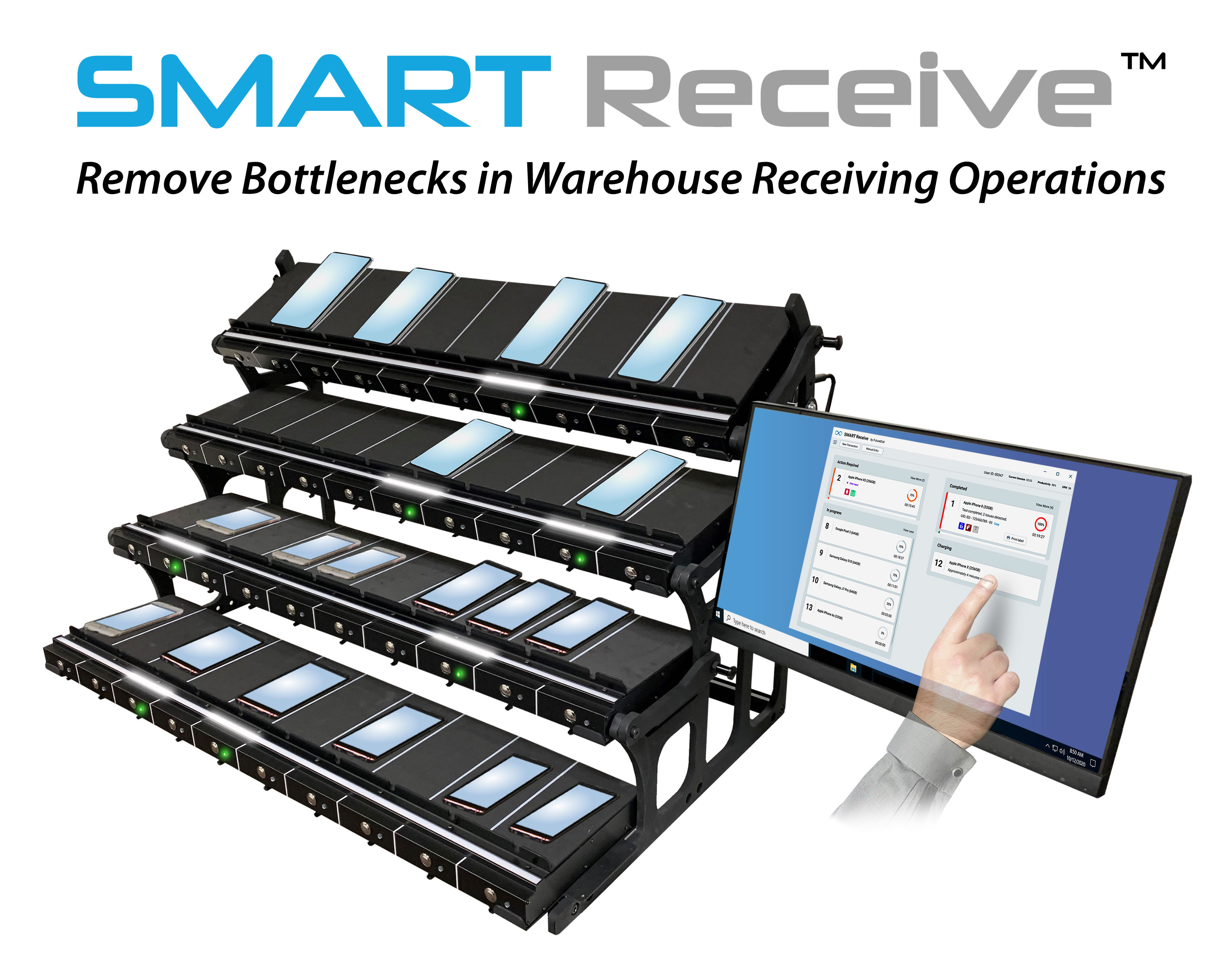 SMART Receive™ is a software and workstation solution for quickly and accurately reading, preparing and reporting incoming mobile devices at warehouse receiving operations. The solution removes bottlenecks in the receipt and routing tasks in warehouse processing line operations.