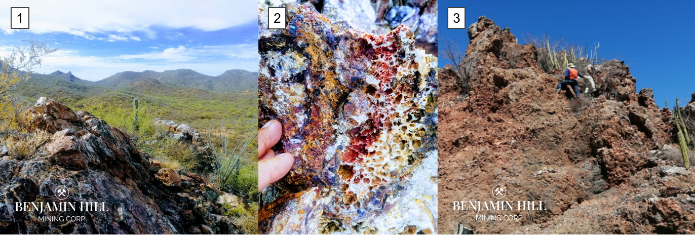 Image 1: 1. Looking south from Corralito structure, Caracahui area. Values as high as 8.5 g/t Au, over 200 g/t Ag, and 2.4% Cu. 2. Detail of Caracahui Mineralized structure with high grade Au content (8.4 g/t). 3. BNN geologists sampling a mineralized outcrop.