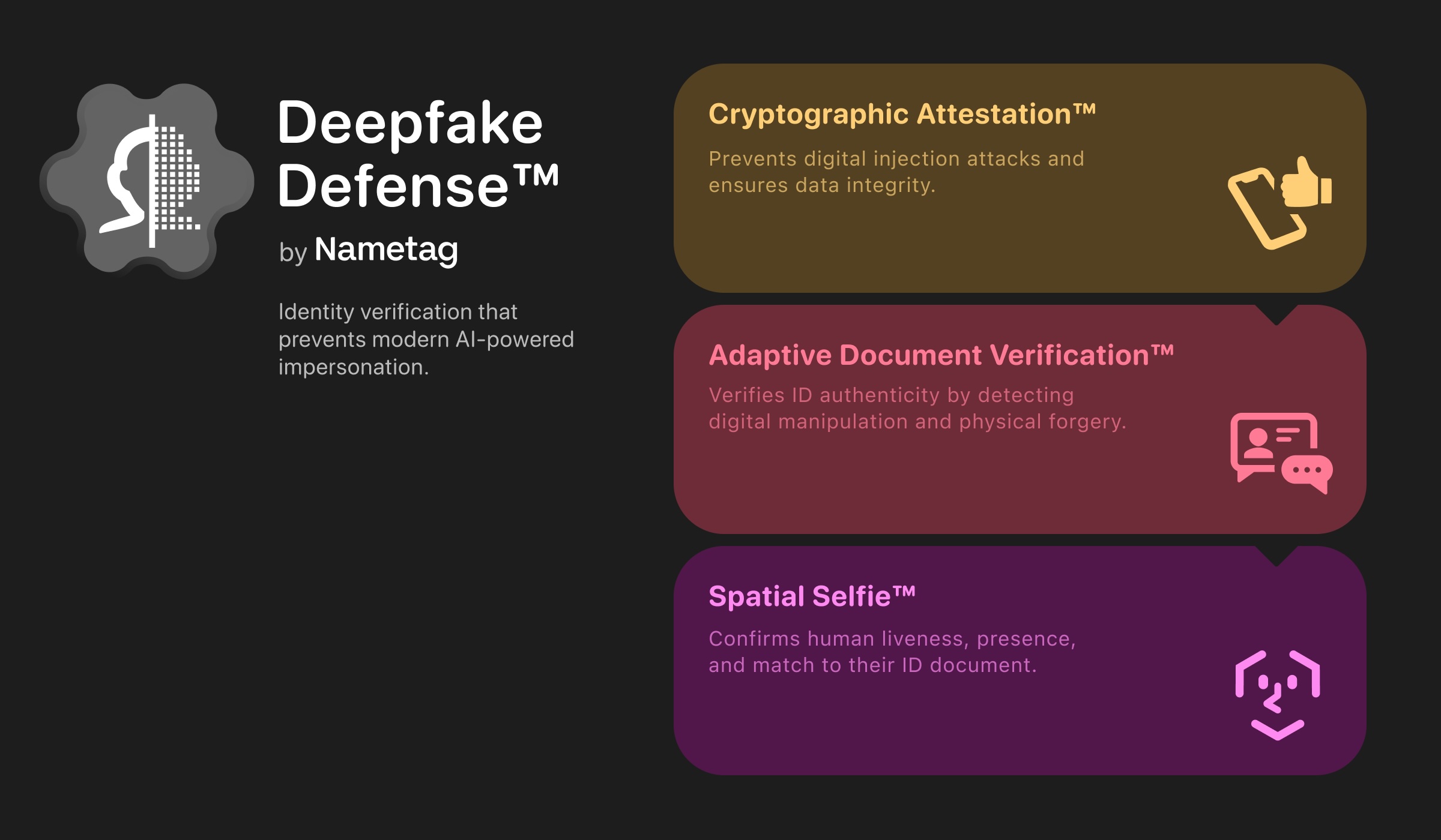 Nametag Deepfake Defense™ is a next-generation identity verification engine. 