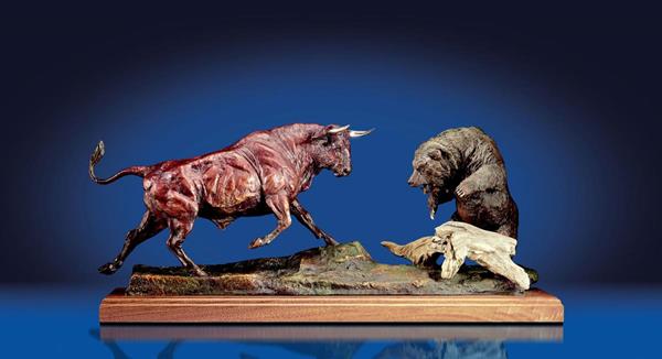 "The New Powerful Exchange" by Lorenzo Ghiglieri. A fierce confrontation between a bull and a bear depicting the 'Powerful Exchange' of the market trends.
