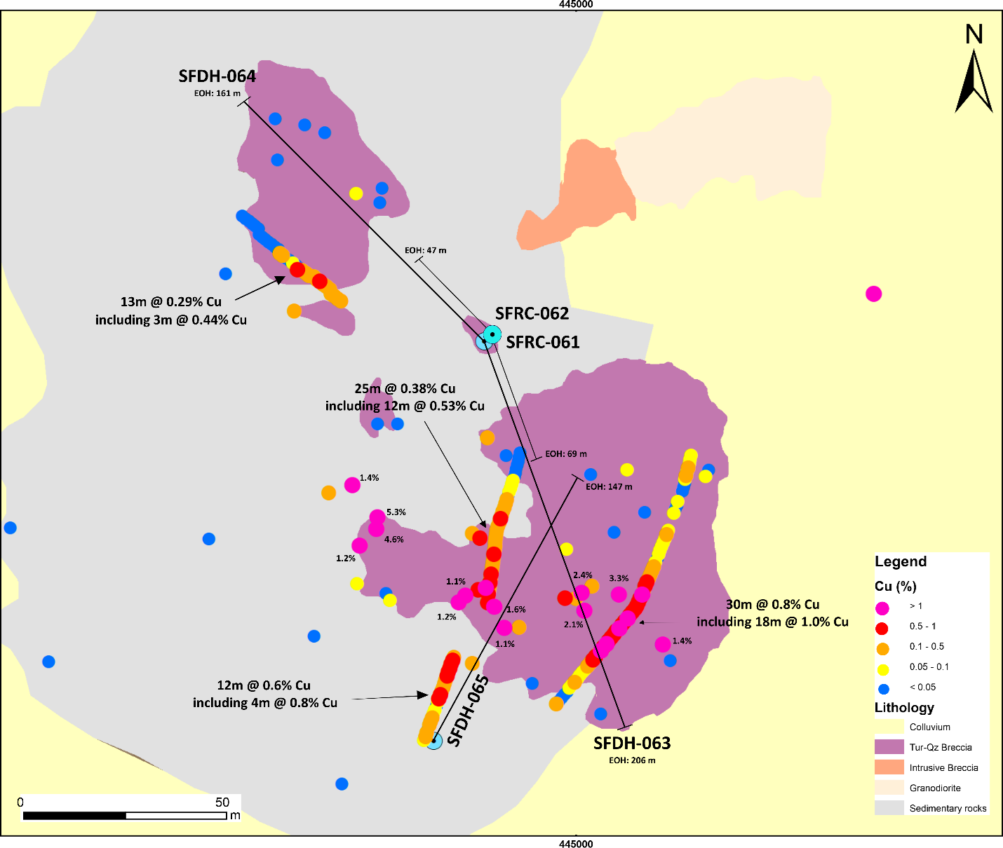 Geological map of the Ethan breccia with samples and drill hole locations. Drilling has shown that the two lobes mapped at surface represent one breccia body measuring 200m by 100 m at the surface.