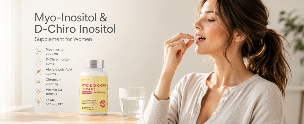 Myo-Inositol & D-Chiro Inositol formula highlighting 401 ratio with Vitamin D3, Folate, Chromium and Alpha Lipoic Acid.